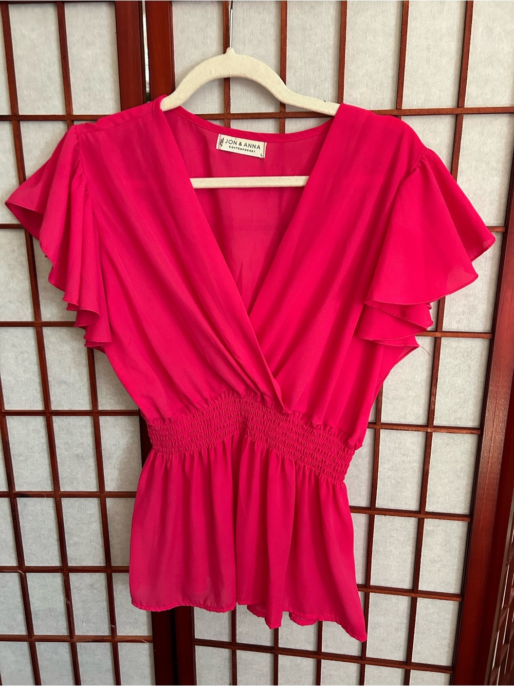 Jon & Anna Hot Pink Smocked Waist Wrap Blouse